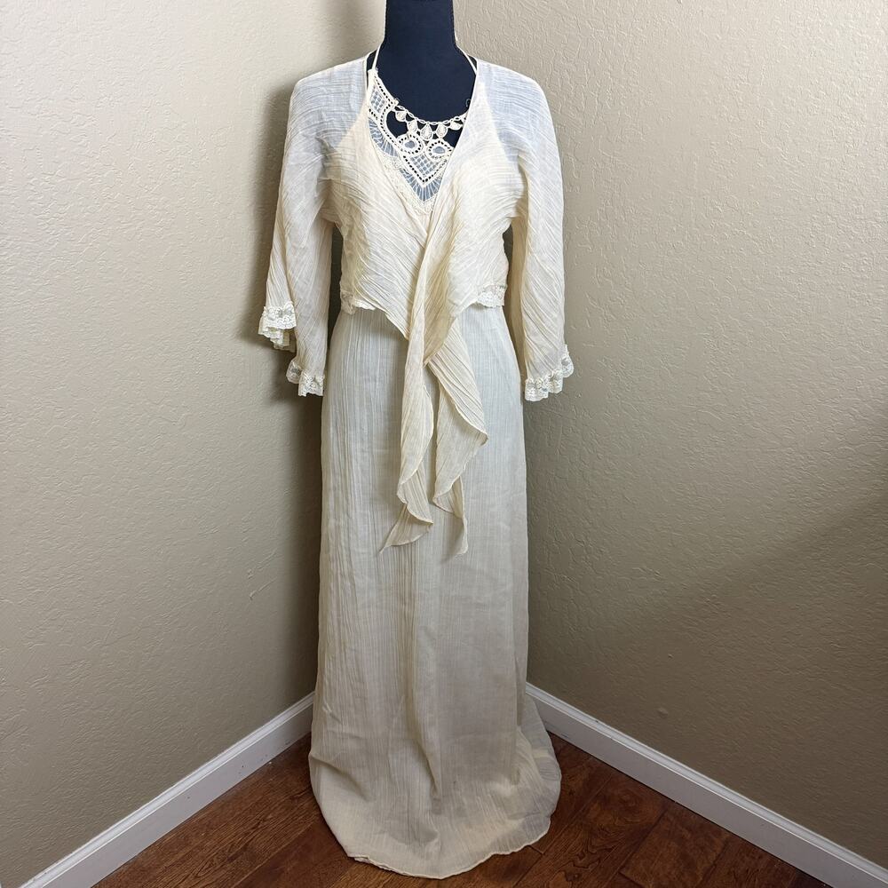 Unbranded Ivory Boho Halter Maxi Dress Lace Neckline Sheer Shrug Set